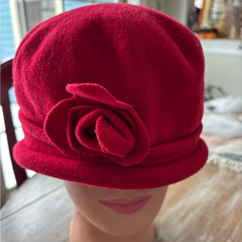 Parkhurst Red Cloche Hat with Flower Embellishment